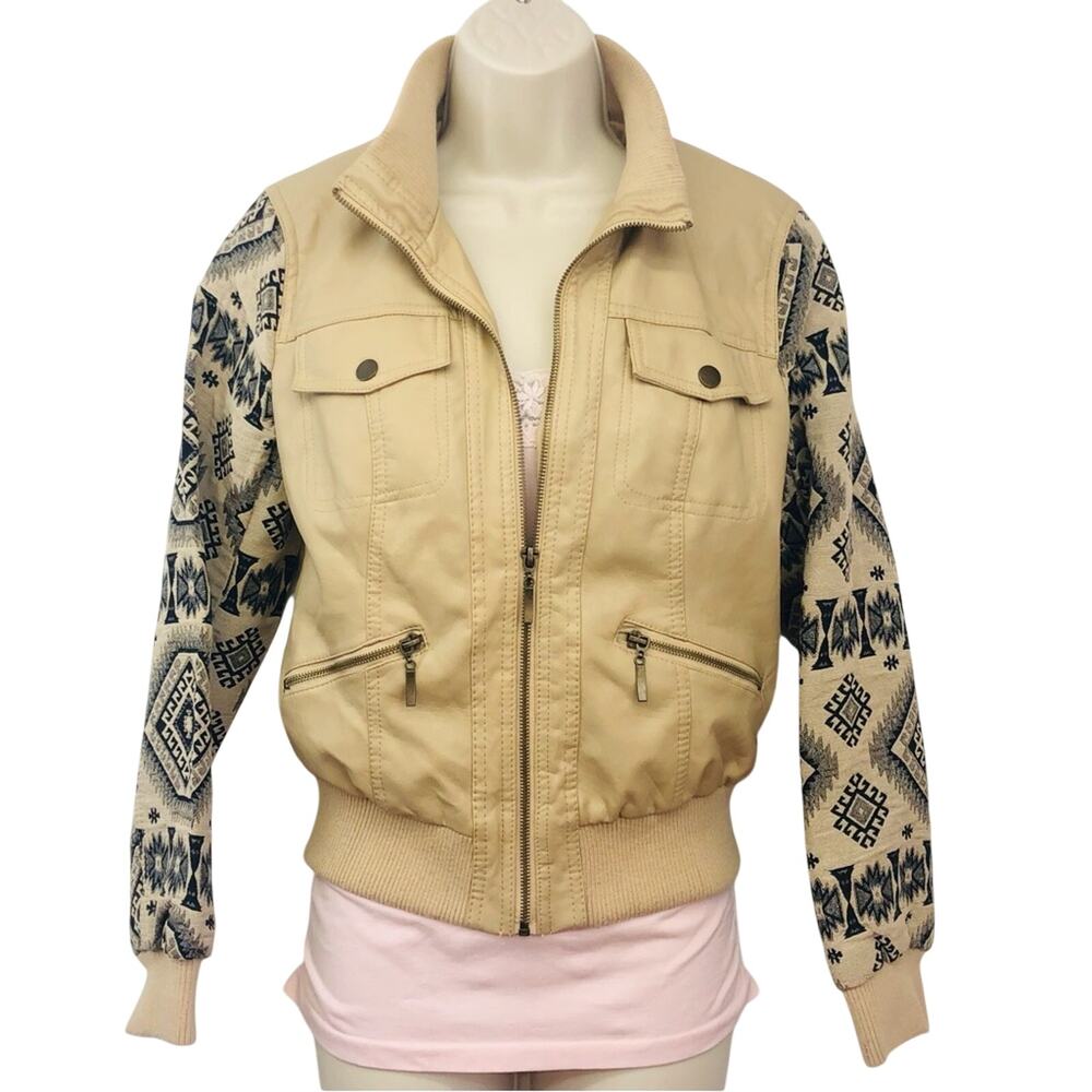 New Look Tan Tribal Print Faux Leather Jacket Zip Front Closure and Pockets